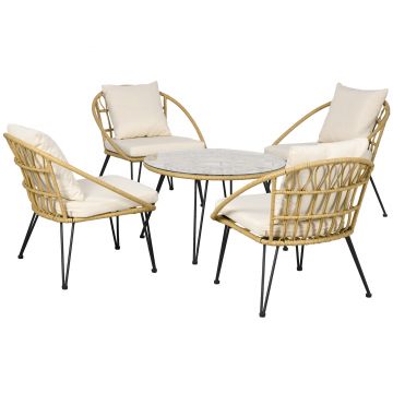 Outsunny Set Grădină din Ratan din 5 Piese, Set de Exterior cu Masă Rotundă și 4 Scaune cu Perne, 82x82x50 cm, Bej | Aosom Romania