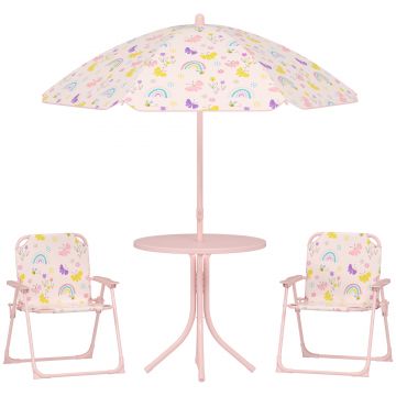 AIYAPLAY Set de Mobilier de Grădină din 4 Piese cu Masă, Scaune și Umbrelă de Soare Reglabilă, 50xΦ49,5 cm, Roz | Aosom Romania AIYAPLAY Set de Mobilier de Grădină din 4 Piese cu Masă, Scaune și Umbrelă de Soare Reglabilă, 50xΦ49,5 cm, Roz | Aosom Romania