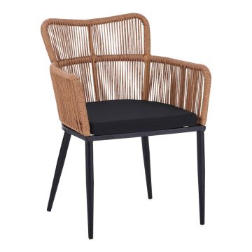 Fotoliu Naoki pe rattan - metal cu finisaj Natural si picioare/perna, negre, 59x62x78 cm