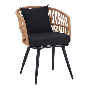 Fotoliu Naoki pe rattan - metal finisaj Natural cu picioare negre/perna, 62x60x80 cm