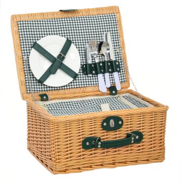 Outsunny Coș de Picnic din Răchită pentru 2 Persoane cu Zonă Frigorifică și Veselă, 40x30x20 cm, Maro Deschis | Aosom Romania
