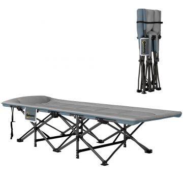 Outsunny Pat de Camping Pliabil cu Pernă Integrată și Buzunar Lateral, 187x67x37 cm, Gri | Aosom Romania
