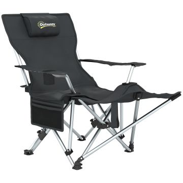 Outsunny Scaun de Camping Pliabil și Rabatabil cu Suport pentru Picioare Detașabil și Tetieră, 82x50/100x88 cm, Negru | Aosom Romania