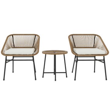 Outsunny Set Bistro din 3 Piese cu Măsuță de Cafea cu Blat de Sticlă și 2 Scaune, Φ45x46 cm, Natural | Aosom Romania