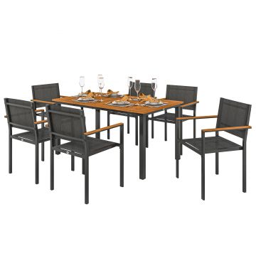 Outsunny Set de Grădină din 7 Piese cu Masă și 6 Scaune Stivuibile cu Brațe, 150x90x75 cm, Lemn Natural | Aosom Romania
