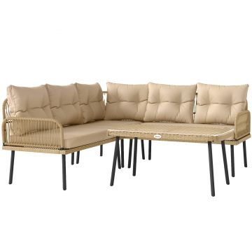 Outsunny Set de Mobilier de Grădină din 4 Piese cu 2 Canapele,  Fotoliu de Colț și Măsuță de Cafea, 100x68x74 cm, Bej | Aosom Romania