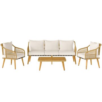 Outsunny Set de Mobilier de Grădină din 4 Piese cu Canapea, 2 Fotolii, Măsuță și Perne, 180x64x80 cm, Kaki | Aosom Romania