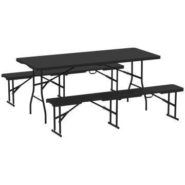 Outsunny Set Masă de Camping Pliabilă cu 2 Scaune și Mânere din HDPE și Metal, 180x74x74 cm, Negru | Aosom Romania