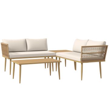 Outsunny Set Mobilier de Grădină din 4 Piese cu 2 Canapele și 2 Măsuțe de Cafea, 116x65x70 cm, Alb Crem | Aosom Romania
