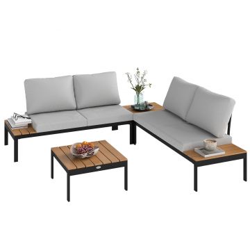 Outsunny Set Mobilier de Grădină din 4 Piese, cu 2 Canapele și 2 Măsuțe de Cafea, 141x64x62 cm, Lemn Natural | Aosom Romania