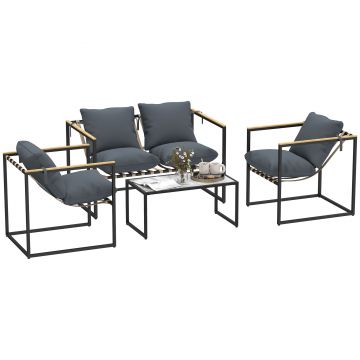 Outsunny set mobilier grădină 4 piese, 2 fotolii, canapea 2 persoane, masă, perne incluse, gri | Aosom Romania