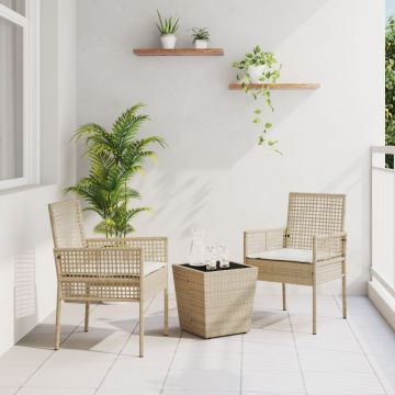 Set bistro de grădină, 3 piese, cu perne, bej, poliratan
