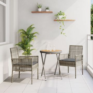 Set Bistro de Grădină 3 Piese cu Perne Gri din Poliratan