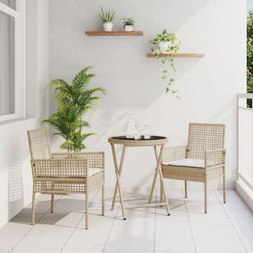Set de bistro pentru grădină 3 piese cu perne Bej din ratan poliratan