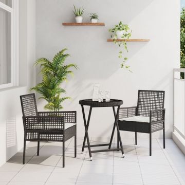 Set de Bistro pentru Grădină cu 3 Piese și Perne Negru Poly Rattan