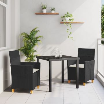 Set de dineu pentru grădină cu 3 piese și perne Negru Ratan Polimerizat