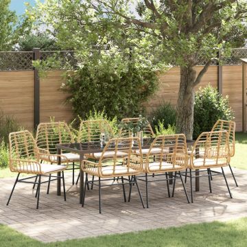 Set de dining de grădină cu 9 piese cu perne maro din ratan poli