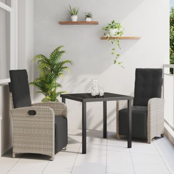 Set de dining grădină 3 piese perne gri deschis ratan poliester, Masă de grădină neagră 80x80x73 cm din sticlă securizată