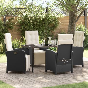 Set de dining în grădină cu 5 piese și perne din rattan poli negru, Masă de grădină neagră 140x80x73 cm din sticlă securizată