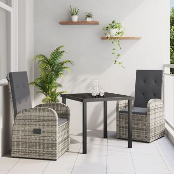 Set de Dining pentru Grădină 3 Piese cu Perne Gri din Poliratan