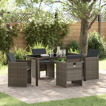 Set de dining pentru grădină 5 piese cu perne gri din rattan poliester