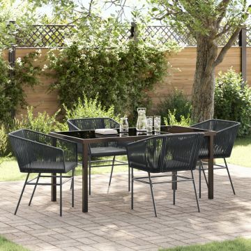 Set de dining pentru grădină , 5 piese, cu perne, rattan poli, negru