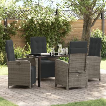 Set de dining pentru grădină cu 5 piese și perne din ratan sintetic gri, Masa de grădină Black 140x80x73 cm din sticlă pentru fumat