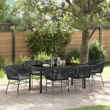 Set de dining pentru grădină cu 7 piese și perne Negru Poliratan