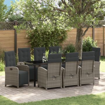 Set de dining pentru grădină cu 9 piese și perne gri din ratan poli, Masă de grădină neagră 200x80x73 cm din sticlă securizată