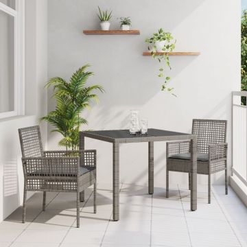 Set de grădină pentru dining cu 3 piese și perne, gri din poliratan