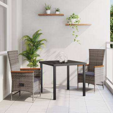 Set de Masă de Grădină 3 Piese cu Pernițe Gri din Ratan Poliester
