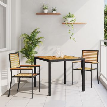 Set de Masă pentru Grădină 3 Piese din Ratan Negru și Acacia, Scaune Stivuibile pentru Grădină cu Perne 2 buc Ratan Negru