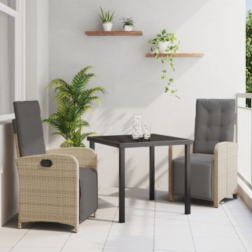 Set de Masă pentru Grădină cu 3 Piese și Perne Ratan Poli Bej, Masă pentru Grădină Neagră 80x80x73 cm Sticlă Temperată