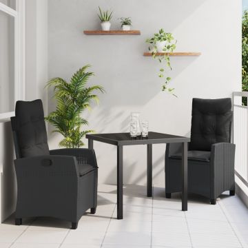 Set masă grădină 3 piese cu perne Negru Poliratan