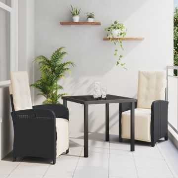 Set masă grădină 3 piese cu perne, Negru, Ratan Polimer, Masă grădină Neagră 80x80x73 cm, Sticlă temperată