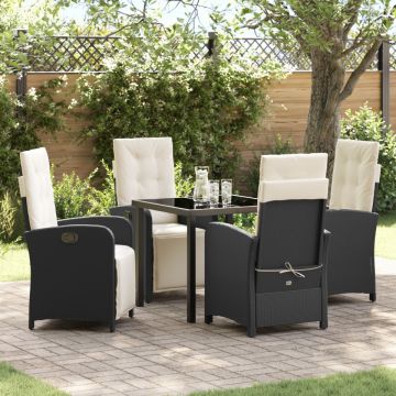 Set Masă Grădină cu 5 Piese și Perne Ratan Poli Negru, Masă Grădină Neagră 80x80x73 cm cu Sticlă Temperată