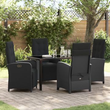 Set Masă Grădină cu Perne Negru Poliratan, Masă pentru Grădină Neagră 140x80x73 cm cu Sticlă Securizată