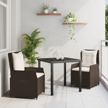 Set mese grădină 3 piese Maro Poliratan, Masă pentru grădină Neagră 80x80x73 cm Sticlă securizată