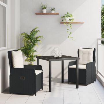 Set mese grădină 3 piese Negru ratan polimerizat, Masă grădină Neagră 80x80x73 cm din sticlă rezistentă