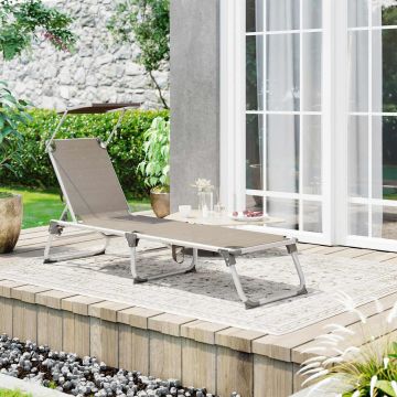 Sezlong pliabil cu parasolar, Songmics, 55x193x31 cm, max 150 kg, aluminiu/tesatura sintetica, maro