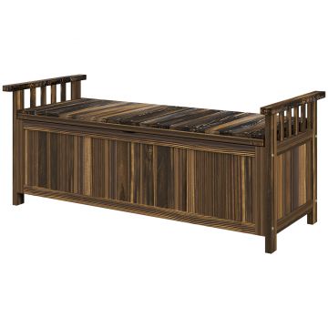 Outsunny Bancă de grădină cu 2 locuri din lemn, rezistentă la intemperii, mobilier de grădină cu spațiu de depozitare și brațe 128,5 x 56 x 53,5cm, Verkohlt | Aosom Romania