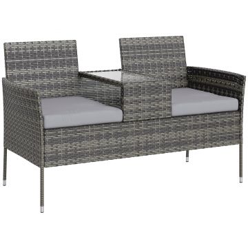 Outsunny Bancă de Grădină cu 2 Locuri din Rattan și Oțel, Bancă de Exterior cu Perne și Măsuță Centrală cu Blat din Sticlă Securizată, 135x64x81 cm, Gri Închis | Aosom Romania