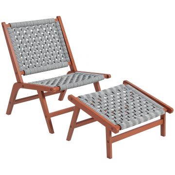 Outsunny Fotoliu de gradina cu suport pentru picioare - fotoliu de relaxare din lemn de acacia si rachita din polipropilena - natural, gri | Aosom Romania