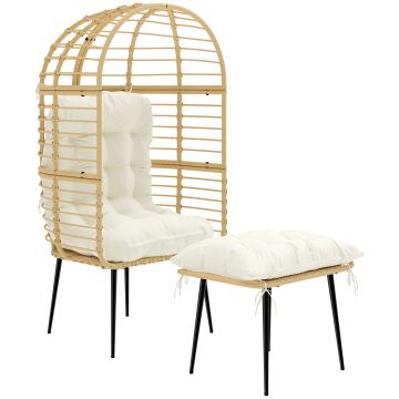 Outsunny Fotoliu de grădină cu taburet PE-Rattan, fotoliu în formă de ou cu perne lungi & groase, cadru metalic Bej | Aosom Romania