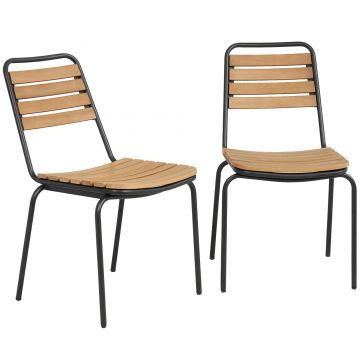 Outsunny Scaun de grădină set 2 buc. rezistent la intemperii, scaune din oțel și lemn, stivuibile cu spătar, suport până la 160 kg, Lemn natural | Aosom Romania