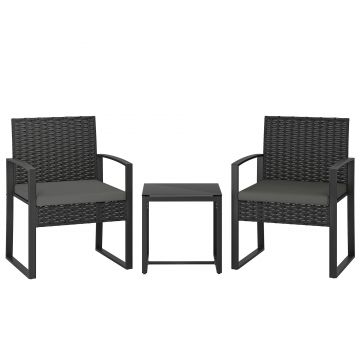 Outsunny Set bistro din rattan, set mobilier de grădină 3 piese cu 2 scaune, masă de cafea, perne detașabile, gri închis | Aosom Romania