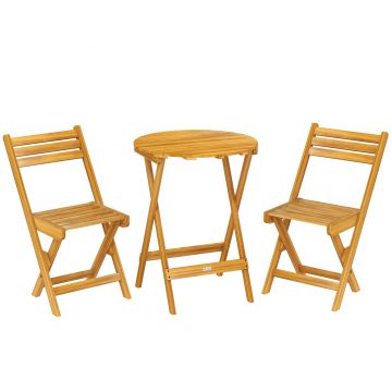 Outsunny Set bistro pliant 3 piese din lemn de acacia cu masă rotundă și 2 scaune, fără asamblare, 60x60x75cm, Natural | Aosom Romania