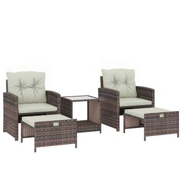 Outsunny Set de Mobilier de Grădină din Rattan 5 Piese, Set de Mobilier Exterior cu 2 Suporturi pentru Picioare, 2 Fotolii, Masă de Cafea cu 2 Niveluri, Perne, pentru Balcon, Terasă, Patio, Maro/Crem | Aosom Romania