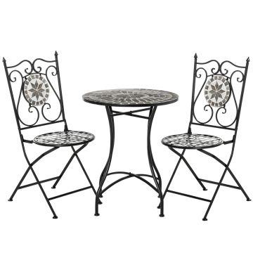 Outsunny Set grădină pentru 2 persoane Set mobilier balcon Masă mozaic+scaune pliabile Metal Placă ceramică Multicolor | Aosom Romania