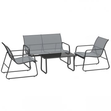 Outsunny Set Mobilier de Grădină din 4 Piese, cu Bancă de Exterior cu 2 Locuri, 2 Scaune și Măsuță de Cafea cu Blat din Sticlă Securizată, Set Mobilier de Exterior din Metal și Textilenă, Gri Deschis | Aosom Romania